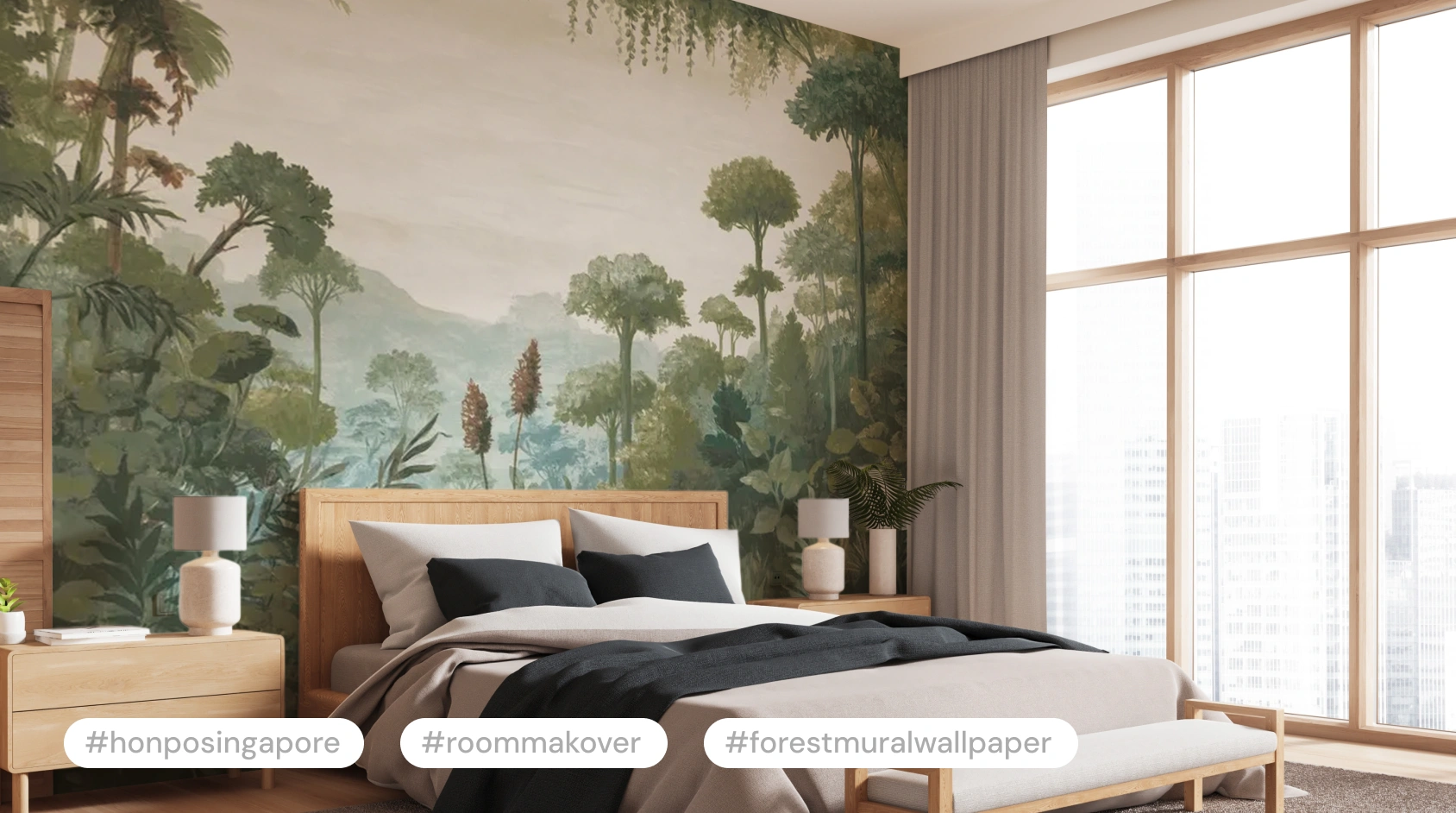 Bedroom with forest wallpaper